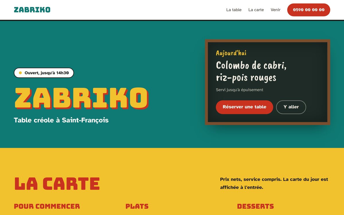 Aperçu du site Zabriko : le nom peint en lettres jaunes sur un mur turquoise, la plaque « ouvert » et le plat du jour écrit à la craie sur une ardoise